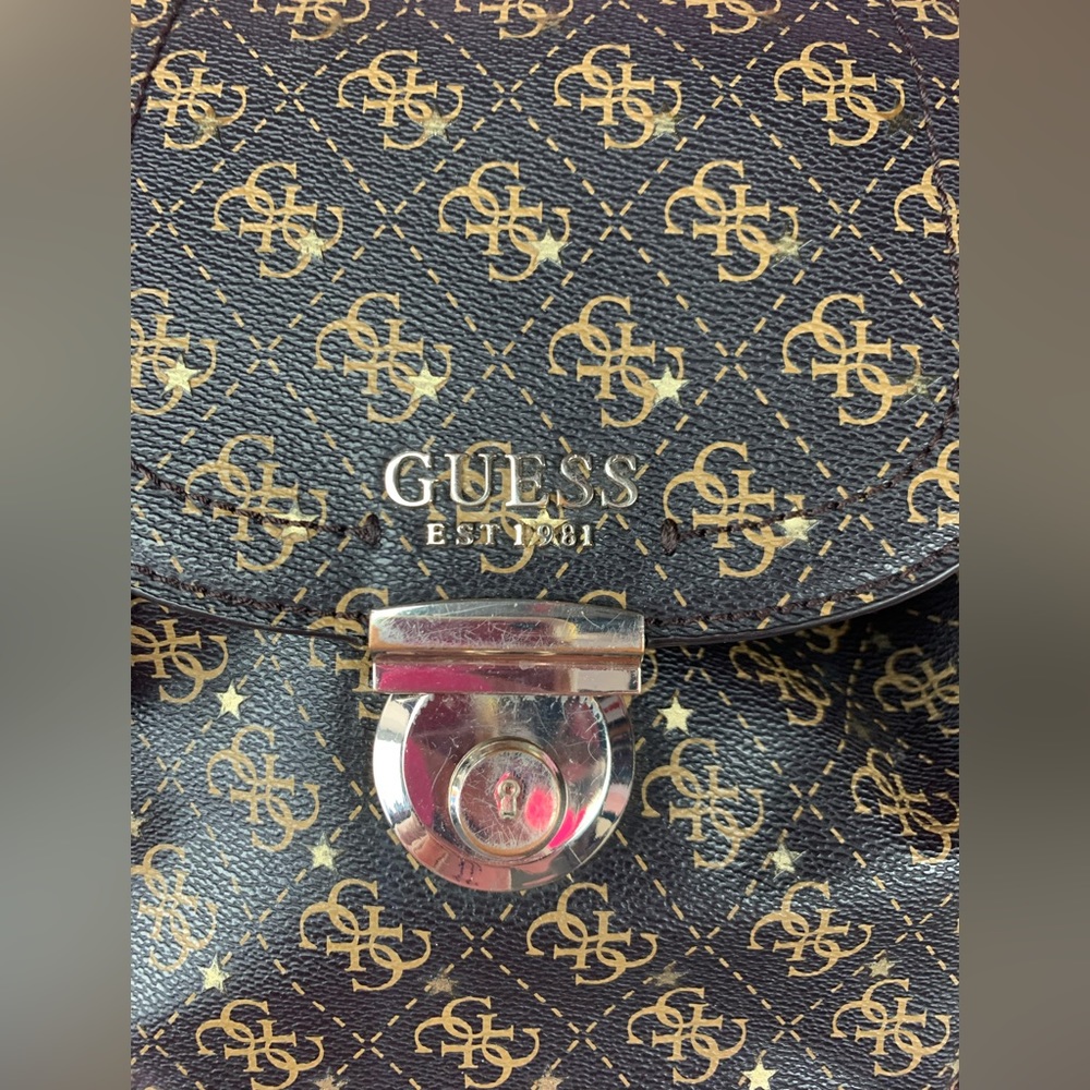 GUESS🤎brown leather like G monogram mini bucket hobo backpack bag - Picture 13 of 13